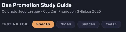 Screen shot of the ability to select ranks for judo.felttrip.com