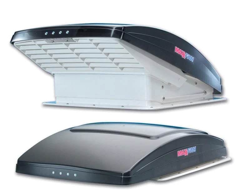 Trap door style RV fan